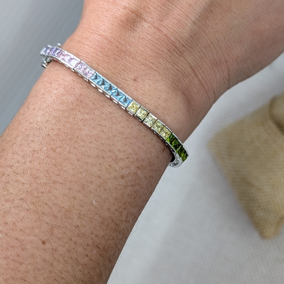 Rainbow CZ Tennis Bracelet Sterling Silver 925 | 7.25" 11.5g - Picture 9 of 12